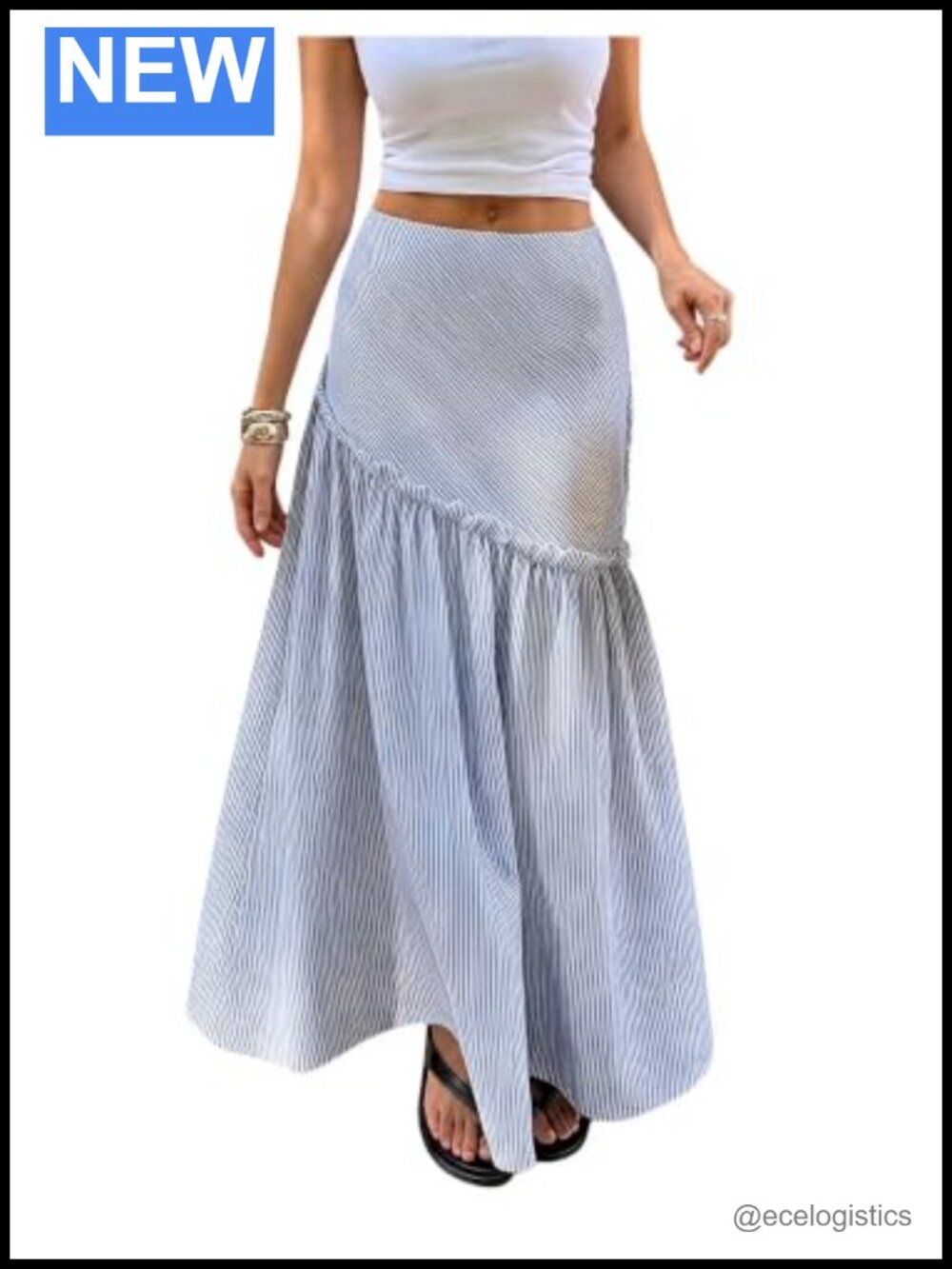 Striped Maxi Skirt High Rise Ruffle Hem Flowy A-Line Long Skirt